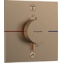 Hansgrohe ShowerSelect Comfort E termostatbatteri i børstet bronze med 2 udtag og Select-betjeningsplade, 155x155mm. Viser temperaturskala og symboler for brusehoved.