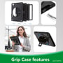 Infografik viser lagene, stikbeskyttelsen og funktionerne på 4smarts Rugged Case Grip-coveret.