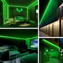 Kombination af billeder, der viser LEDlife grøn neon COB strip i forskellige indendørs og udendørs miljøer.