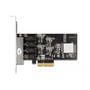 DeLOCK PCI Express x4-netværkskortet set bagfra med printplade, tilslutningskant og fire RJ45-porte.