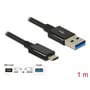 Nærbillede af Delock USB 3.2 Gen 2 kabel, viser USB-A og USB-C han stikkene samt diagram for tilslutning og 1 meter længde.