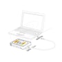 Stregtegning viser DeLock mobile rack med harddisk og SATA-kabel ved siden af en bærbar computer.