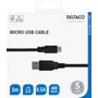 Udsnit af detailæsken til Deltaco USB 2.0-kabel, sort og 3 meter, med begge stik og specifikationer.
