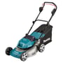 Makita akku plæneklipper 2x18V med 460mm skærebredde og 60L opsamler, vist på hvid baggrund.