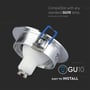 Grafik viser V-TAC downlight-kit skråt bagfra med en hvid spotpære og blå monteringsclips.