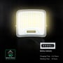 V-TAC LED-projektør med solcellepanel lyser, og grafikken viser batteriindikator og spredningsvinkel på 90°.