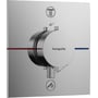 Hansgrohe ShowerSelect Comfort E termostatbatteri med krom finish og 2 udtag, viser temperaturjustering og Select-betjening.