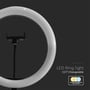 V-TAC LED-ringlys set tæt på med mobilholder i midten og grafik om justerbar farvetemperatur.