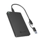 Det sorte ICY Box IB-201T-CU31 SATA-kabinet ses skråt forfra med fast kabel, USB-C-stik og USB-A-stik.