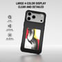 Sort 4smarts E-Ink-cover til iPhone 17 Pro Max set bagfra med farvet displaymotiv og åbning til kameraet.