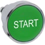 Schneider Electric Harmony trykknap med plan grøn trykflade og hvidt "START" mærke, 22mm diameter, med metalfrontring.