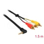 DeLock audiokabel set tæt på med vinklet 3,5 mm jackstik og røde, hvide og gule RCA-stik.