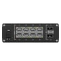 Tilslutningssiden på Teltonika TWS200 industriel PoE+-switch med otte PoE-porte, to SFP-porte og strømtilslutning.