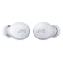 Et par hvide JVC Gumy Mini True Wireless earbuds vist fra toppen, der fremhæver logoet på hver øreprop.