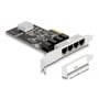 DeLOCK PCI Express x4-netværkskort med fire RJ45-porte og separat lavprofilbeslag ved siden af.