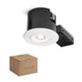 Nordtronic Quick Spot G2 indbygningsspot i mat hvid med rund front, viste med tilhørende tilslutningsboks og papemballage.