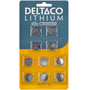Forsiden af Deltaco-emballagen med CR2032 lithiumbatterier synlige i separate blisterlommer.