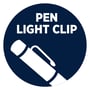 Cirkulært ikon med teksten 'PEN LIGHT CLIP' og en tegning af en lommelygte med clip.