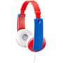 JVC HA-KD7 on-ear hovedtelefoner i rød og blå med hvide ørepuder og et kort, hvidt kabel.