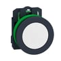 Schneider Electric signallampe XB5FVB1 komplet med hvid LED-lys og 24V tilslutning, set fra siden med grønt monteringsbeslag.