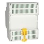 Bagsiden af Schneider Electric SpaceLogic KNX DALI broadcast master med ventilationsslidser og gul DIN-skinneclips.