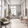 Moderne interiør i en lys salon, med flere SpectrumLED skinnesystemer, der indeholder Bluetooth højttalere og spotlights.