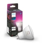 Philips Hue Color & White Ambiance GU10 pære i hvid emballage med farvede detaljer og information om smarte funktioner.