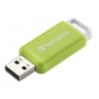 Verbatim DataBar USB 2.0 Drive i grøn med USB-stikket udskudt, vist i et skråt perspektiv mod en hvid baggrund.