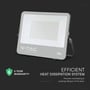 V-TAC 200W LED projektør med angivelse af 6 års garanti og tekst om effektivt varmespredningssystem.