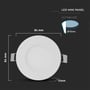 Illustration af V-TAC 3W LED panellys med dimensioner 84x84mm og hulstørrelse 73mm.