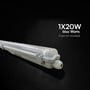 V-TAC T8 LED-armatur med tekst om maksimal effekt på 20 W og oplysning om, at røret ikke medfølger.