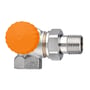 IMI Eclipse DN10 vinkel radiatorventil i messing med en orange drejeknap og M30x1,5 tilslutning set fra siden.