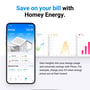 Screenshot af Homey Energy dashboardet på en smartphone, der viser energiforbrug, solceller og elbil-opladning.