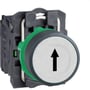 Schneider Electric trykknap med hvid flade og sort pil, Ø22 mm, set fra siden med grøn betjening og grå monteringsenhed.