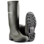Dunlop 380VP PVC-støvle i størrelse 40, grøn, vist forfra og med sålen vendt opad for at vise mønster.