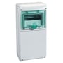 Schneider Electric Kaedra kapsling 1x9 modulstørrelse, hvid med grøn transparent dør og synlig DIN-skinne indeni.