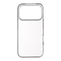 Transparent Essentials TPU-cover til iPhone 17 Pro set bagfra med stor åbning til kameraet og knapper langs siden.