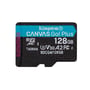 Kingston Canvas Go Plus Gen4 microSDXC-hukommelseskort på 128 GB vises lige forfra med kapacitet og U3-, V30- og A2-mærkning.