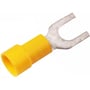 En gul isoleret gaffelkabelsko A4665G set fra siden med fortinnet kontakt og gul plastikisolering på hvid baggrund.