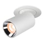 Hvid SLV NUMINOS PROJECTOR XS spotlight med synlig lyskilde og reflekterende inderside, monteret på en rund hvid base.