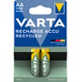 Varta Recharge Accu AA-batteri på blå og grøn emballage med synlige batterier og angivelse af 2100 mAh.
