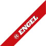 Engel-logo i hvidt på en rød diagonal flade for den sorte fleecejakke i størrelse XL.
