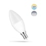 SpectrumLED smart home LED-pære C38 med E14-fatning, vist skråt ved symboler for CCT-farveskift og dæmpning.