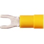 Nærbillede af en gul isoleret gaffelkabelsko A4665G med fortinnet kontakt og klar plastikisolering.