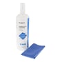 QNECT Office Clean sæt 250 ml sprayflaske og en foldet blå mikrofiberklud placeret ved siden af, vist isoleret på hvid baggrund.