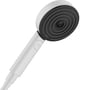 Hansgrohe Pulsify håndbruser i mat hvid med Select-knap og en rund, sort front med tre koncentriske cirkler af dyser.