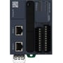 Schneider Electric Modicon M221 PLC med 18 digitale indgange, 8 digitale udgange, 2 analoge indgange og 24V forsyning, vist forfra med porte og terminaler.