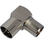 Deltaco IEC-antenneadapter i blank metalfinish set skråt oppefra med begge stikåbninger synlige.