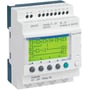 Schneider Electric Zelio 8I/4U relæ med ur til 24V DC forsyning, viser grønt display med programkode og knapper for betjening.