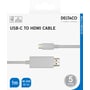 Emballagen til Deltaco USB-C til HDMI-kabel viser de hvide stik samt længden på 1 meter og 4K UHD ved 60 Hz.